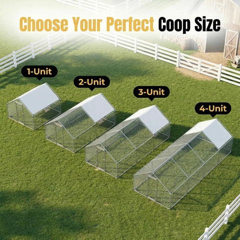 Four outdoor coops on grass showing size options for Large Metal Chicken Run Walk-In Coop 9.8 Ft Long By 6.5 Ft Wide By 6.5 Ft High For 15-20 Hens