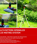 5 Pattern Turbo Gear Drive Rotary Sprinkler Head with Misting System for Lawn and Garden on tripod, 360° coverage