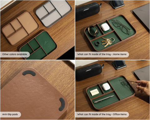Full Grain Leather Catchall Tray Set For Nightstand And Entryway, Multi Tray Valet Organizer with Green Finish, shown in use