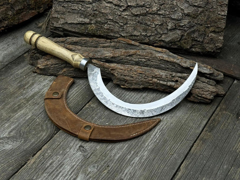 Hand-Forged Large Sickle With 7.5 Inch Blade, High-Carbon Steel For Gardening, Harvesting, And Landscaping, Ergonomic Ash Handle