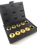 Solid Brass Router Bushing Set With Guide Bearings, 10 Piece, Pro Grade Machined in open blow molded case showing all pieces clearly