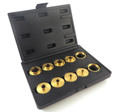 Solid Brass Router Bushing Set With Guide Bearings, 10 Piece, Pro Grade Machined in open blow molded case showing all pieces clearly