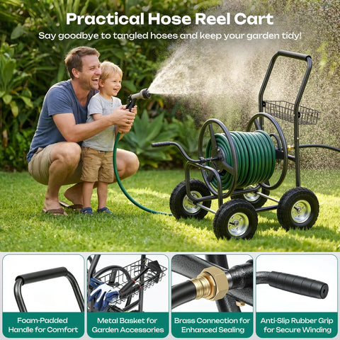 Father and son using Garden Hose Reel Cart With 250 Ft Capacity, 10 Inch Pneumatic Tires, Powder Coated Steel Frame outdoors
