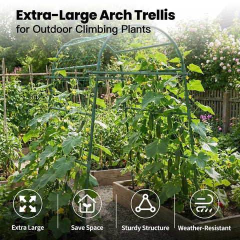7 Foot Tall Garden Arch Trellis For Outdoor Climbing Plants heavy duty metal archway in vegetable garden with lush vines