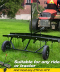 40 Inch Tow Behind Dethatcher With 20 Spring Steel Tines for Thick Lawns attached to a red riding mower on grass in use