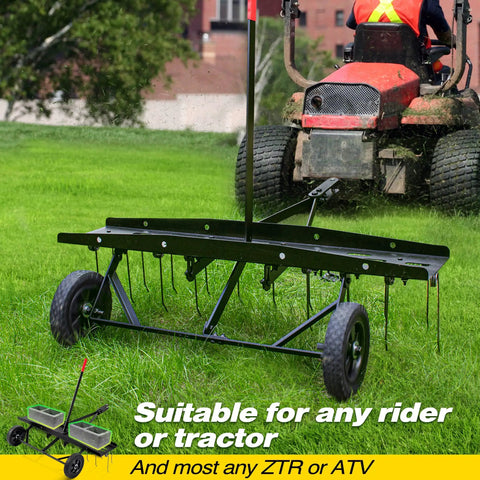 40 Inch Tow Behind Dethatcher With 20 Spring Steel Tines for Thick Lawns attached to a red riding mower on grass in use