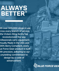 Person wearing tactical vest featuring USA flag patch, promoting Blue Force Gear's commitment to quality and Berry compliance.