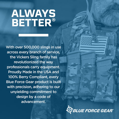 Person wearing tactical vest featuring USA flag patch, promoting Blue Force Gear's commitment to quality and Berry compliance.