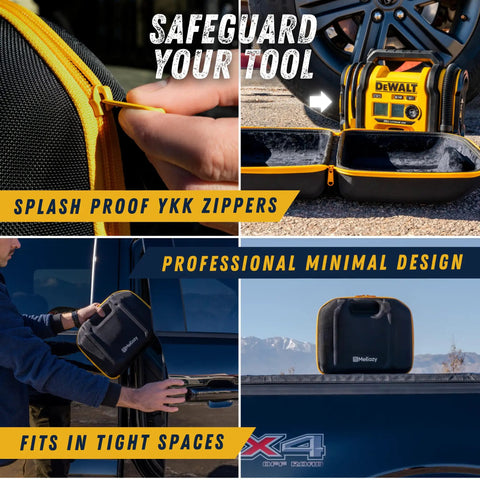 Hard Case for Dewalt DCC020IB 20V Max Tire Inflator with YKK Zippers, contoured shell, wide shoulder strap, and 1650D Oxford case