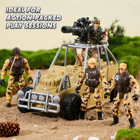 Ultimate Military Base Toys Set With Army Vehicles, action figures, and weapon gear featuring combat truck and soldiers.