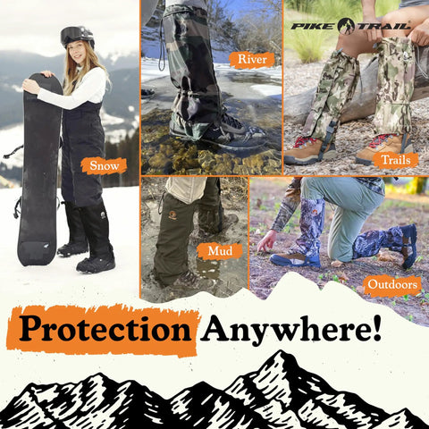 Adjustable Leg Gaiters Lightweight Waterproof Leg Guards For Men And Women Perfect For Hiking Hunting Trekking And Fishing Defense Force Camo 1 Pair showcasing outdoor versatility in snow, mud, river, trails.