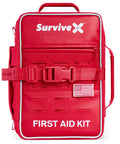 SurviveX red first aid kit in a zippered case with belt strap and American flag patch