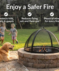 Round Fire Pit Spark Screen Cover With Easy Opening Latch Heavy Duty Steel Mesh Shield For 36 Inch Outdoor Fire Pits Ember Guard with family and dog nearby