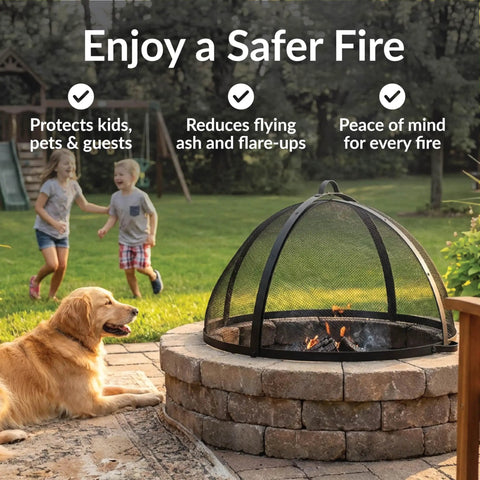 Round Fire Pit Spark Screen Cover With Easy Opening Latch Heavy Duty Steel Mesh Shield For 36 Inch Outdoor Fire Pits Ember Guard with family and dog nearby