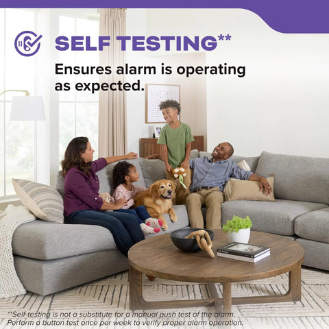 Hardwired Two In One Smoke And Carbon Monoxide Detector With Ten Year Battery Backup, Voice Alerts, Interconnectable LED Warning Indicators, And A Four Pack For Whole Home Safety self-testing in family living room