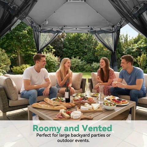 12x12 Ft Pop Up Gazebo With Netting, Easy One Person Setup No Tools Needed In Minutes, 3 Height Settings, people enjoying outdoor shelter