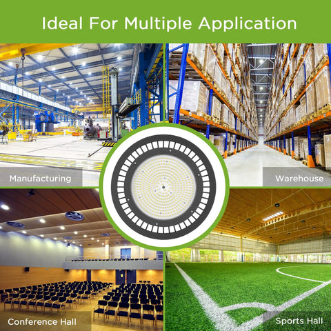 Beast Bright 200W High Bay LED Light for warehouses, gyms, factories IP65 wet location shown in manufacturing and sports hall