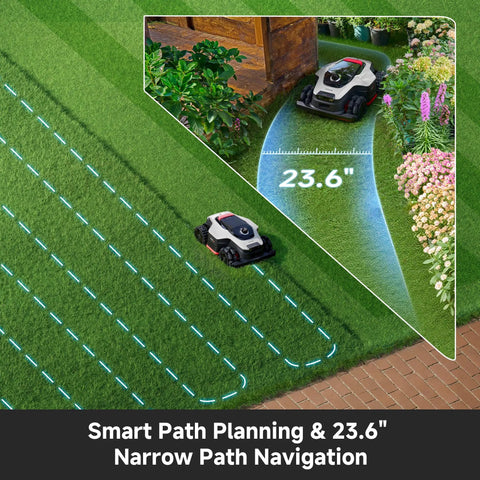 All Terrain Wire Free Robot Lawn Mower With AWD Power 360 Degree LiDAR And AI Dual Vision The Lawn Beast path navigation
