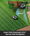 All Terrain Wire Free Robot Lawn Mower With AWD Climb 360 Degree LiDAR in narrow path navigation mode on grass