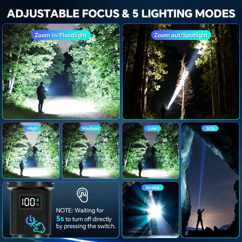 Ultra Bright LED Rechargeable Flashlights Two Pack With LCD Battery Display showcasing adjustable focus and five lighting modes outdoors