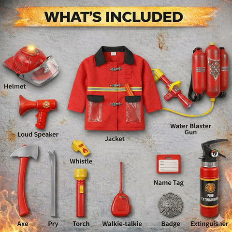 Deluxe 12 Piece Kids Firefighter Costume Set With Backpack Water Blaster Light Up Helmet Fire Extinguisher And Rescue Tools