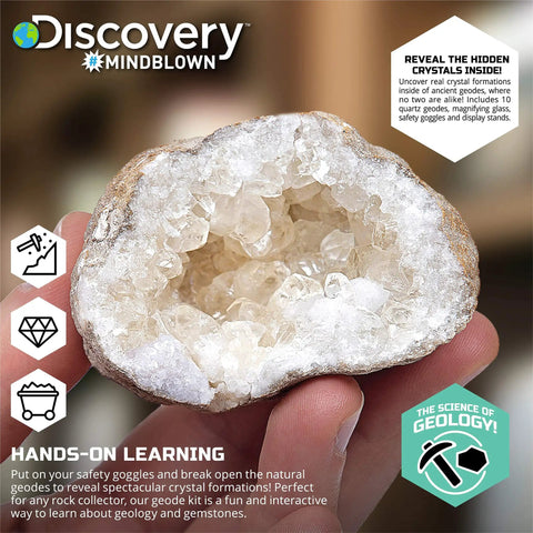 Crack Open Real Quartz Geodes Kit With Goggles, Magnifying Glass, And Display Stands For STEM Geology Learning For Kids Ages 6 And Up Educational Crystal Hunt Activity Set Gift, close-up opened quartz geode in hand