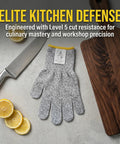 Level 5 Cut Resistant Kitchen Gloves With HPPE, Food Grade For Mandoline Slicing, Meat Handling, Oyster Prep And Heavy Duty Kitchen Tasks, Large Size Pro Grip on a kitchen counter with knife and cutting board.