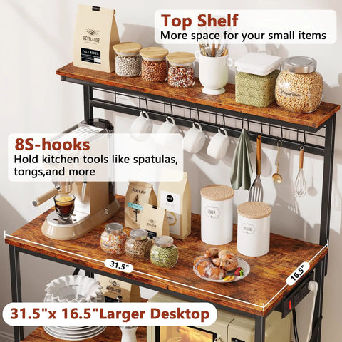 Rustic Brown Kitchen Bakers Rack with Power Outlets, 31.5-inch desktop, four-tier storage, eight S hooks, jars on shelves, and coffee maker.