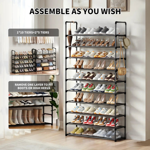Heavy Gauge 10 Tier Metal Shoe Rack With Side Hooks That Truly Is A Total Game Changer For Holding Up To Forty Five Pairs Of Sneakers And Boots In Any Entryway Closet