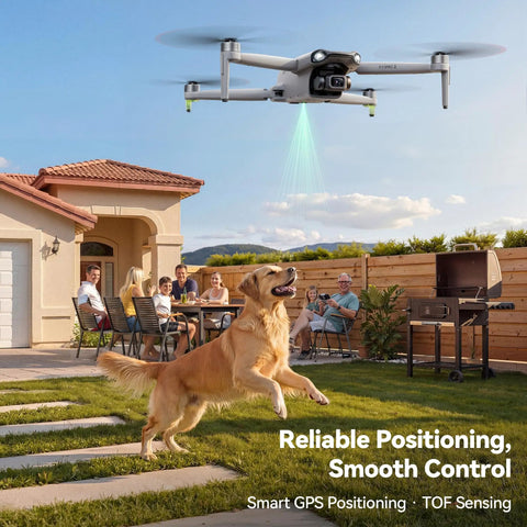 F11PRO 2 Drone With 6K Camera And 3 Axis Gimbal Stabilizer flying over a backyard, dog jumping, people seated outdoors.