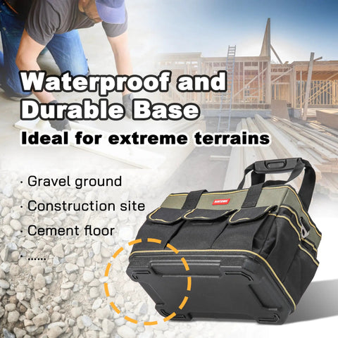 15 Inch Tote Tool Bag Organizer For Electricians And HVAC Pros With 33 Pockets Waterproof Molded Base on construction site