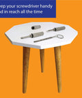 Tiny Precision Screwdriver Set For Eyeglasses, Watches, Phones And Jewelry displayed on white table with wooden legs