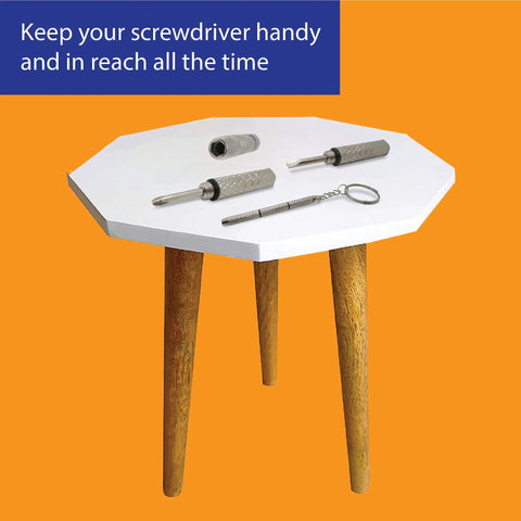 Tiny Precision Screwdriver Set For Eyeglasses, Watches, Phones And Jewelry displayed on white table with wooden legs