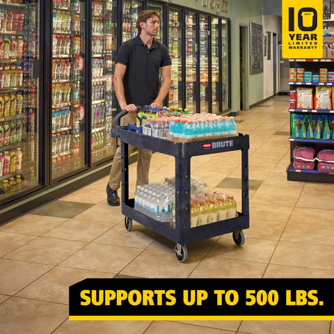 Two Shelf Foam Utility Cart With Lipped Shelves And Ergonomic Handle Black 500 lb capacity in a store carrying drinks