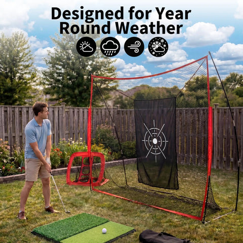 Person using Backyard Golf Practice Net 10x7ft with hitting net, dual turf mats, silk target, balls, and tees in a backyard setting.