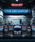 Front view of Restoration Shop urethane clear coat kit with hardeners, high-gloss finish, nine containers