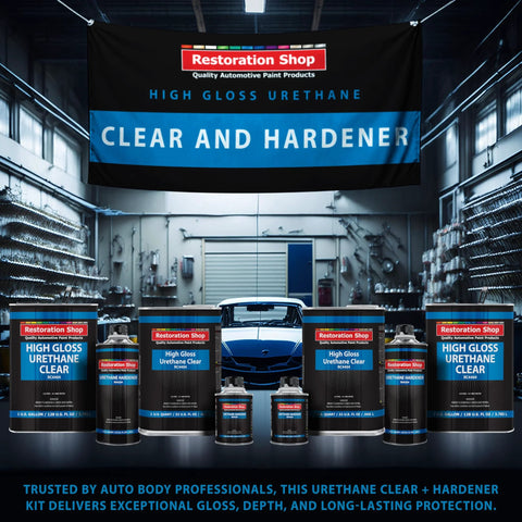 Front view of Restoration Shop urethane clear coat kit with hardeners, high-gloss finish, nine containers