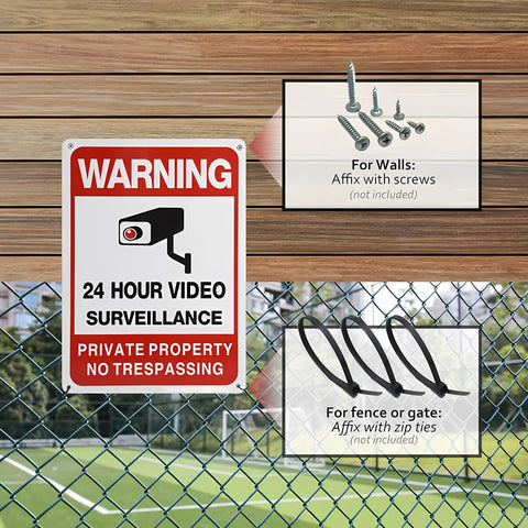 Warning sign for 24 hour video surveillance mounted on a fence with screws and zip ties shown as mounting options, nearby sports field visible.
