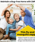 Family sitting on couch with High Voltage Bug Zapper Racket With 3500 Volt Grid Battery Powered Two Pack Includes Two AAs Instant Mosquito And Fly Elimination Portable Indoor Outdoor Bug Catcher Safe Easy Push Button Activation in living room.