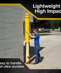 High Density Polyethylene Safety Bollard Covers Refresh Rusty Outposts With Zero Sweat Installation Plus Included Foam Pad For A Snug Setup blocks a rusty post, showing installation ease.
