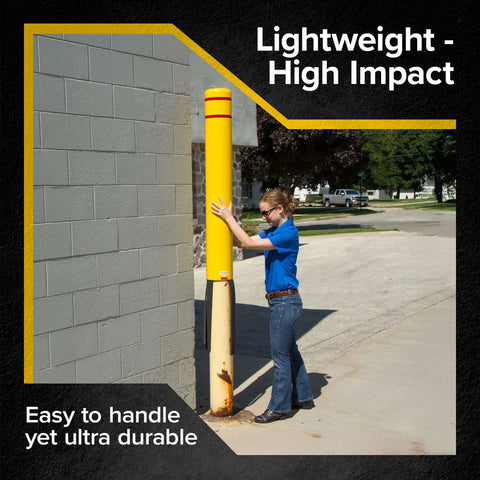 High Density Polyethylene Safety Bollard Covers Refresh Rusty Outposts With Zero Sweat Installation Plus Included Foam Pad For A Snug Setup blocks a rusty post, showing installation ease.