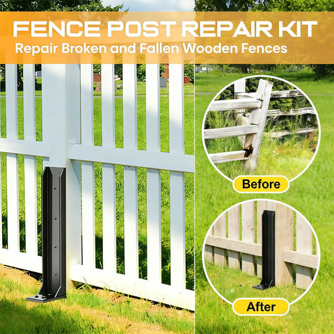 Two Pack Heavy Duty Fence Post Repair Kit Quick Fix For Broken Or Leaning Wooden Fences No Fuss Install Black Anti Rust Post Anchors For Strong Durable Fence Support installed on wooden fence with before and after comparison.