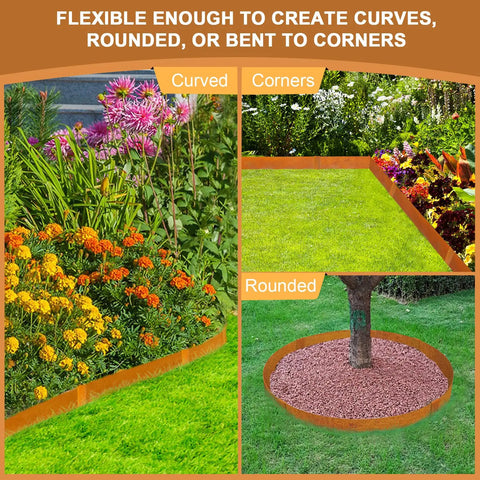 Beefy Pre Rusted Cor Ten Steel Landscape Edging For Four And A Half Inch Border With Hammer In Clamps And Eleven Clips Pack Of Ten Sections Total Thirty Three Feet For Lawn Garden Yard, showing flexibility in curves and corners.