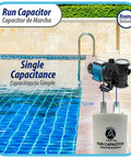 Universal Run Capacitor For Electric Motors 16 Mfd 250V With CBB60 Round Plastic Case positioned poolside