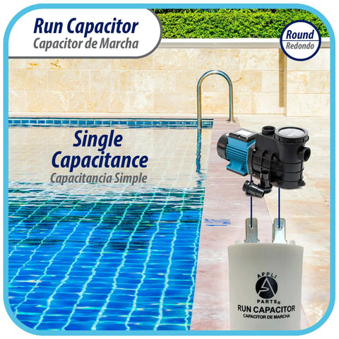 Universal Run Capacitor For Electric Motors 16 Mfd 250V With CBB60 Round Plastic Case positioned poolside