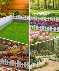 40 Ft Flexible No Dig Garden Edging Border With 60 Stakes White Plastic Lawn Edge in various garden settings, bordering flowers and paths.