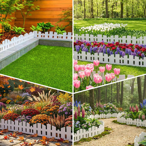 40 Ft Flexible No Dig Garden Edging Border With 60 Stakes White Plastic Lawn Edge in various garden settings, bordering flowers and paths.