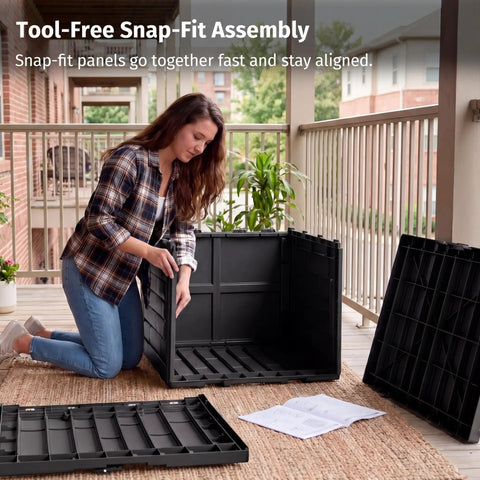 31 Gallon Outdoor Storage Box Waterproof UV Resistant Resin Bin assembly on patio with lockable wind resistant lid panels