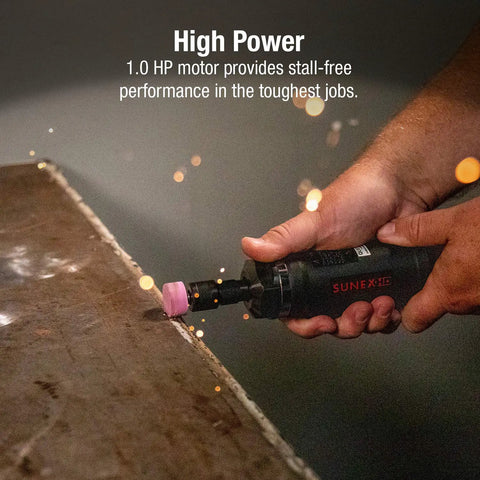 Person using Go To One Horsepower Die Grinder With One Quarter Inch Drive Lightweight Composite Body on metal surface.
