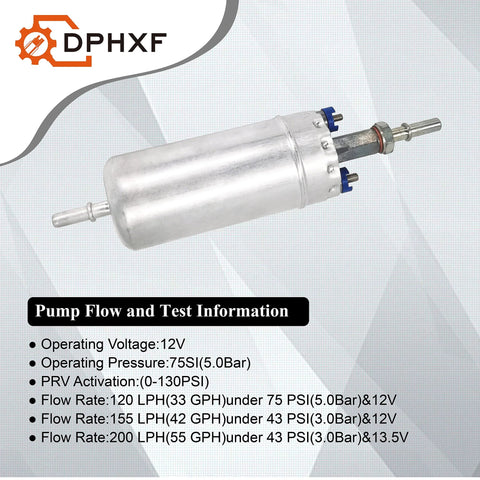 External Electric Fuel Pump Beefed Up For 1983 To 1991 Ford F Series F150 F250 F350 E150 E250 E350 Lincoln Continental Mustang Ranger LTD Thunderbird Mercury Marquis High Flow Rotor Design For Stable Performance And Superior Cooling product with specifications displayed.